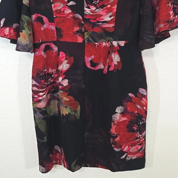 Trina Turk Black Dress Red Floral Bell Sleeves Lined Career Party Event , 10 - Picture 8 of 9